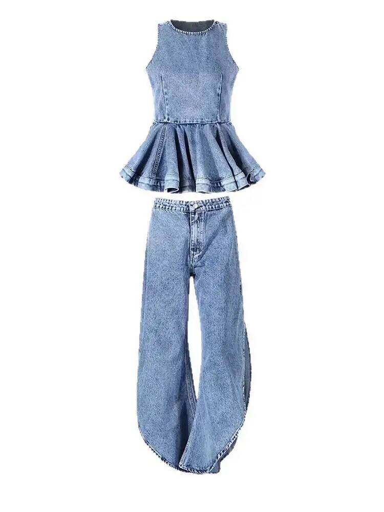Women'S Fashion Overalls - Komplet dwuczęściowy: niebieski top na ramiączkach