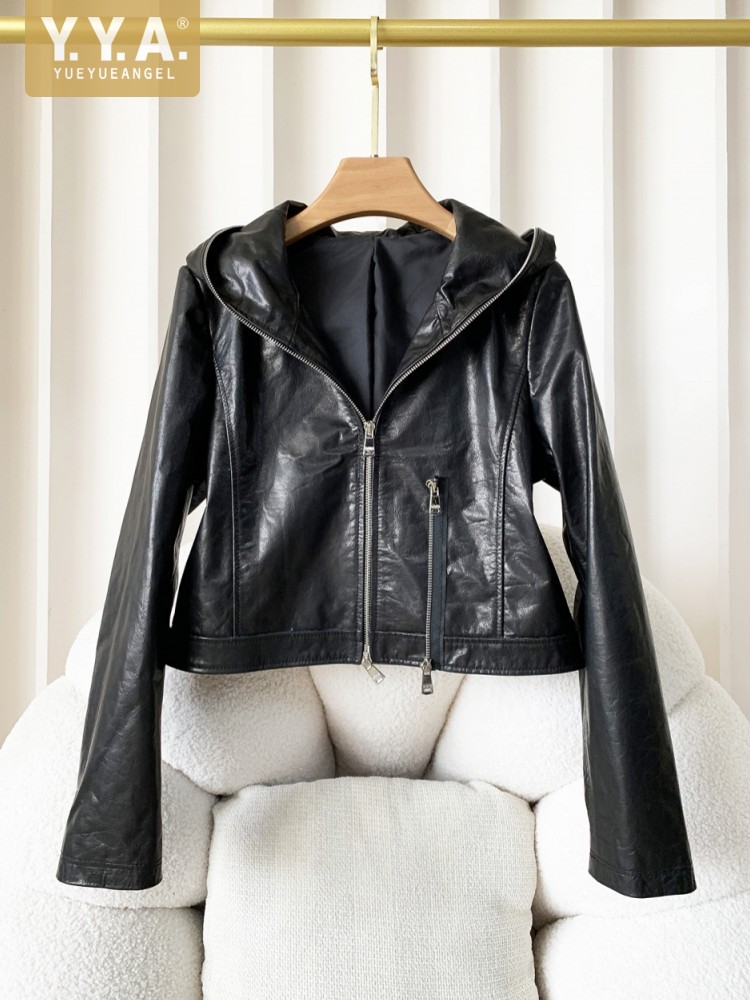 Women'S Fashion Leather Jacket - Jesienna, codzienna damska kurtka z kapturem,
