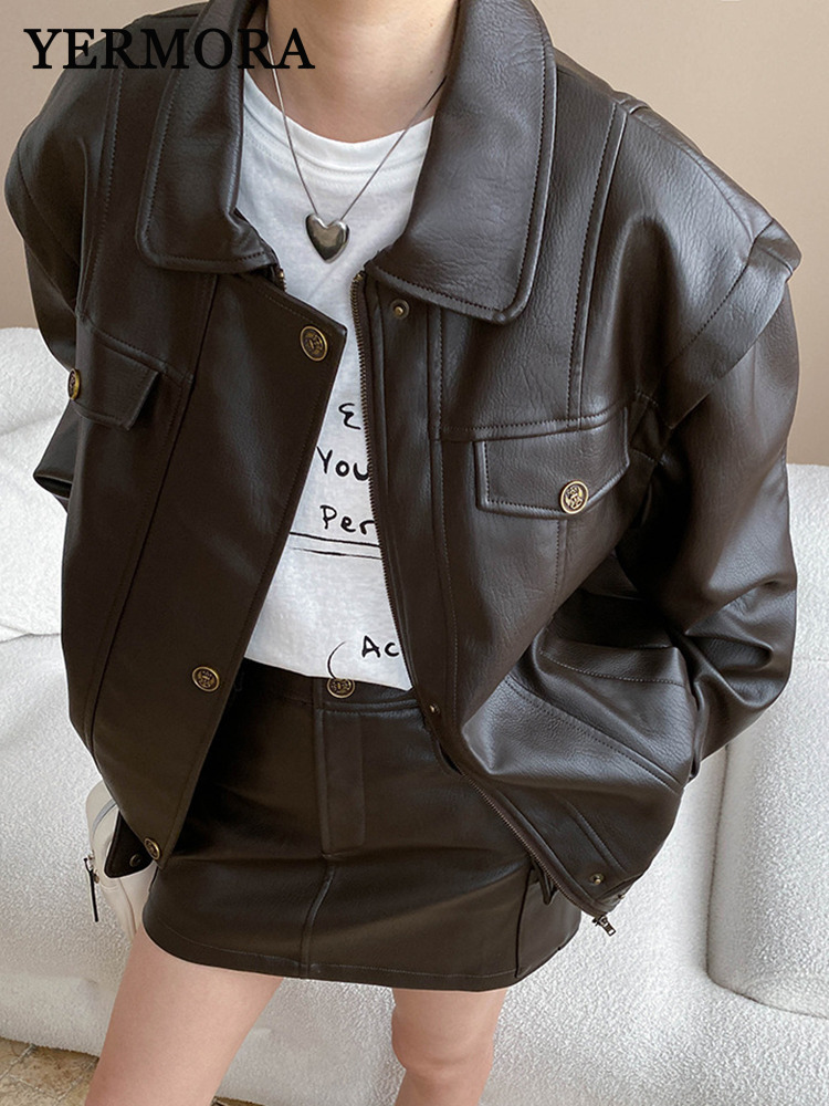 Women'S Fashion Leather Jacket - YERMORA Damska Kawa Skórzana Kurtka PU