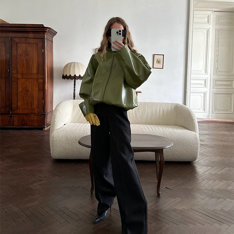 Women'S Fashion Leather Jacket - Modna Zielona Krótka Skórzana Kurtka Damska