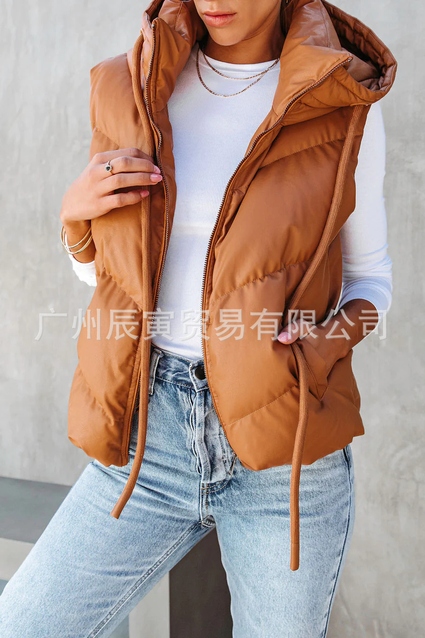 Women'S Fashion Gilet - Damska jednokolorowa kamizelka z kapturem, ocieplana,
