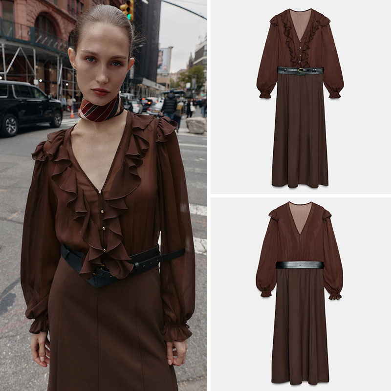Women'S Young Fashion - Elegancka sukienka midi z dekoltem w
