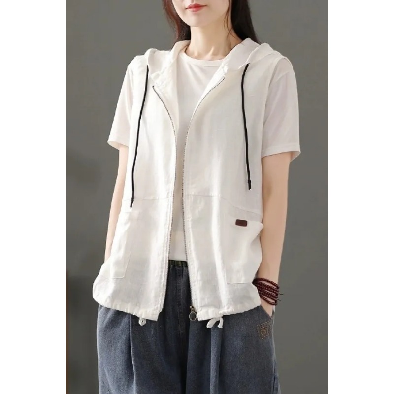 Women'S Fashion Gilet - Damska biała kamizelka z kapturem z