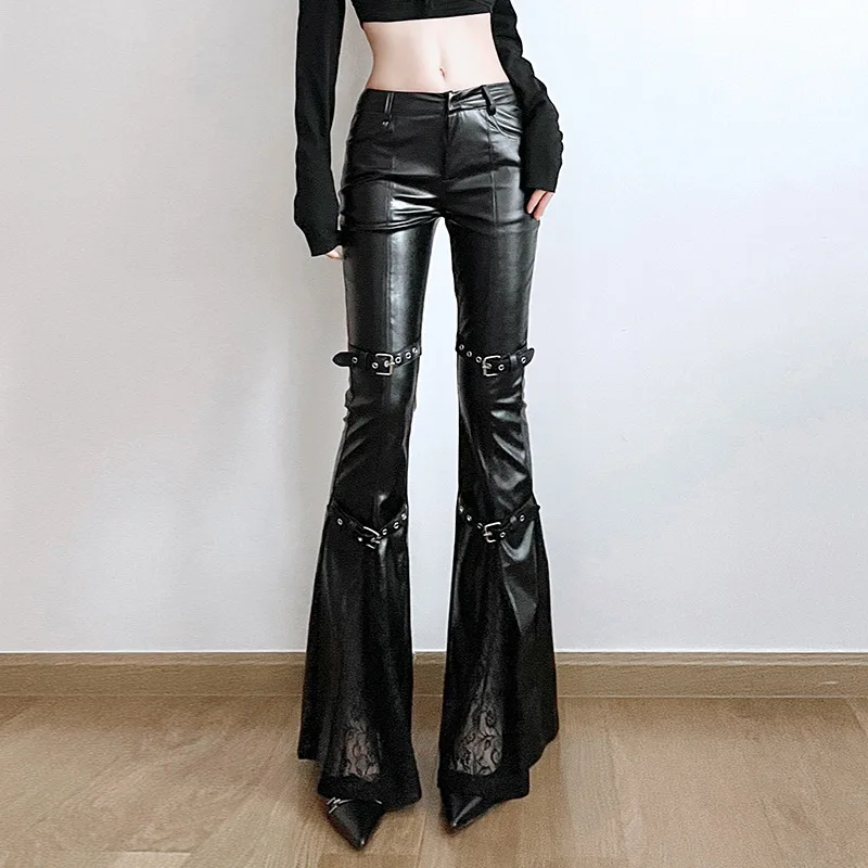 Women'S Fashion Trousers - Damskie spodnie dzwony z ekoskóry, gotyckie