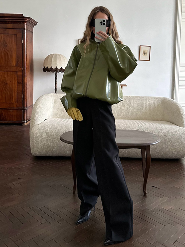 Modna Zielona Krótka Skórzana  – Women'S Fashion Leather Jacket recenzja i cena
